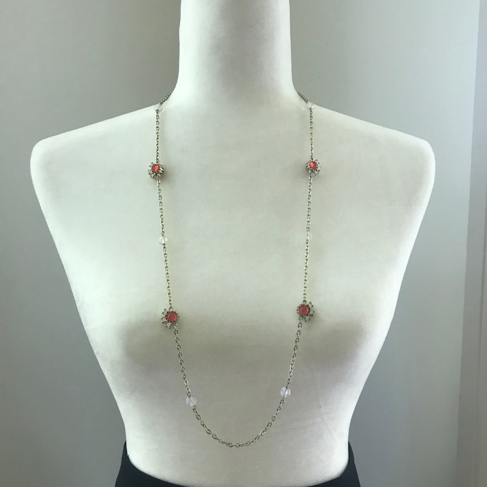 Ann Taylor LOFT Thin Gold Chain Necklace with Coral and White Gemstones